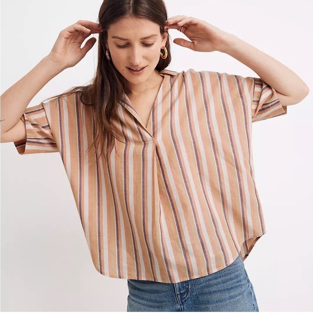 Madewell Courier short sleeve popover Button-Back Shirt Rainbow Stripe, size L